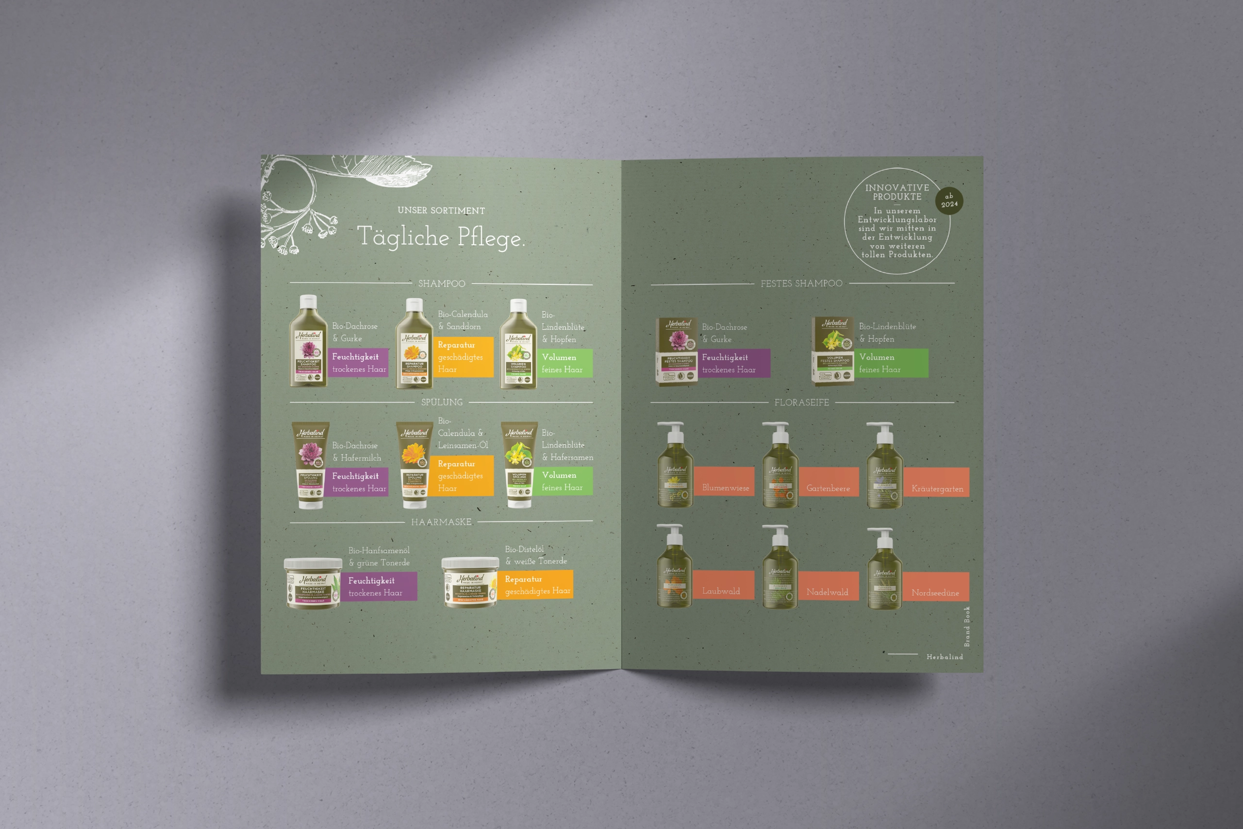 Herbalind Markenentwicklung mit Sortimentsübersicht für Shampoo, Spülung, Haarmaske, festes Shampoo und Floraseife