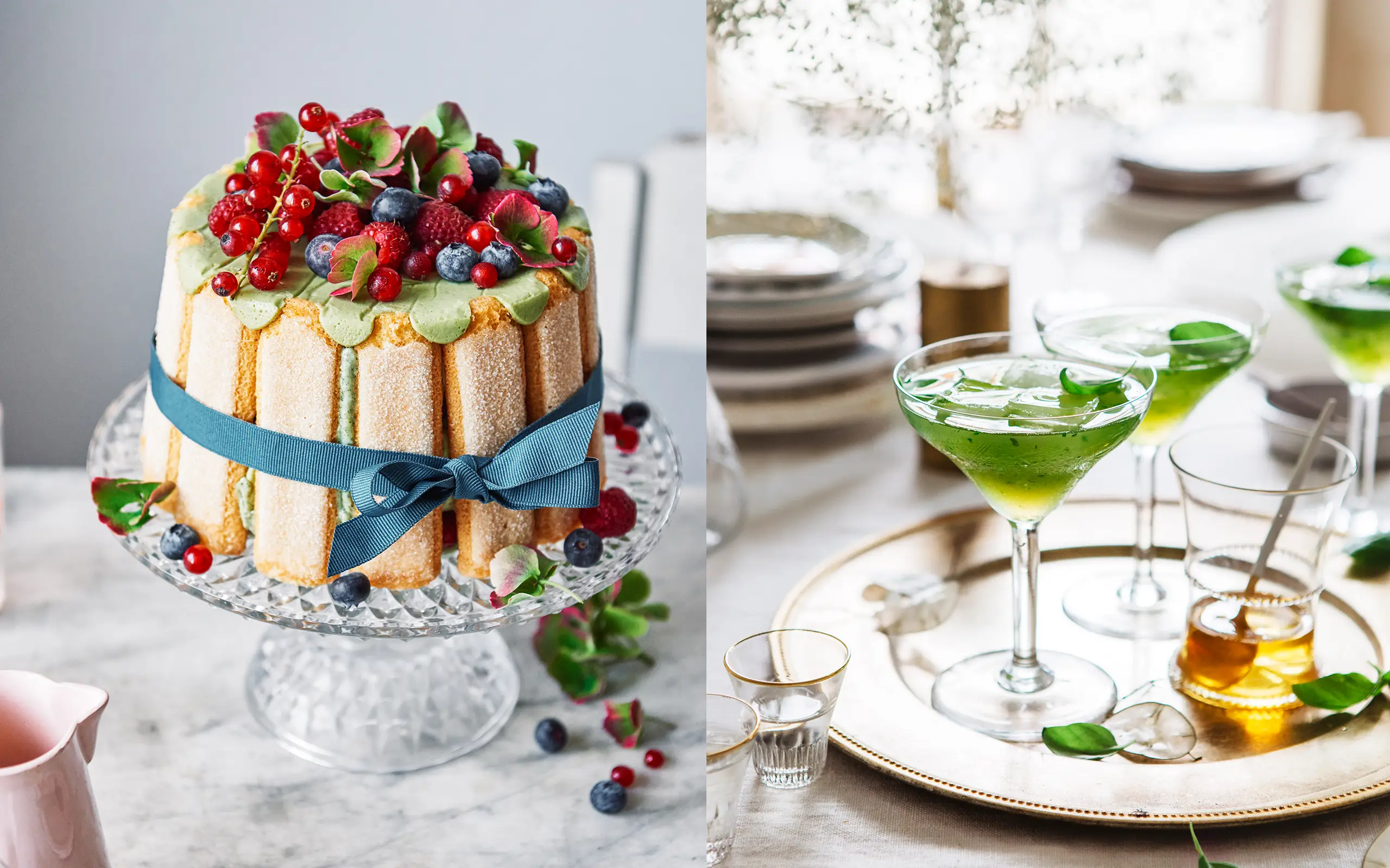 AIYA Matcha Corporate Design mit Matcha-Torte und Matcha-Martini als Rezeptmotive
