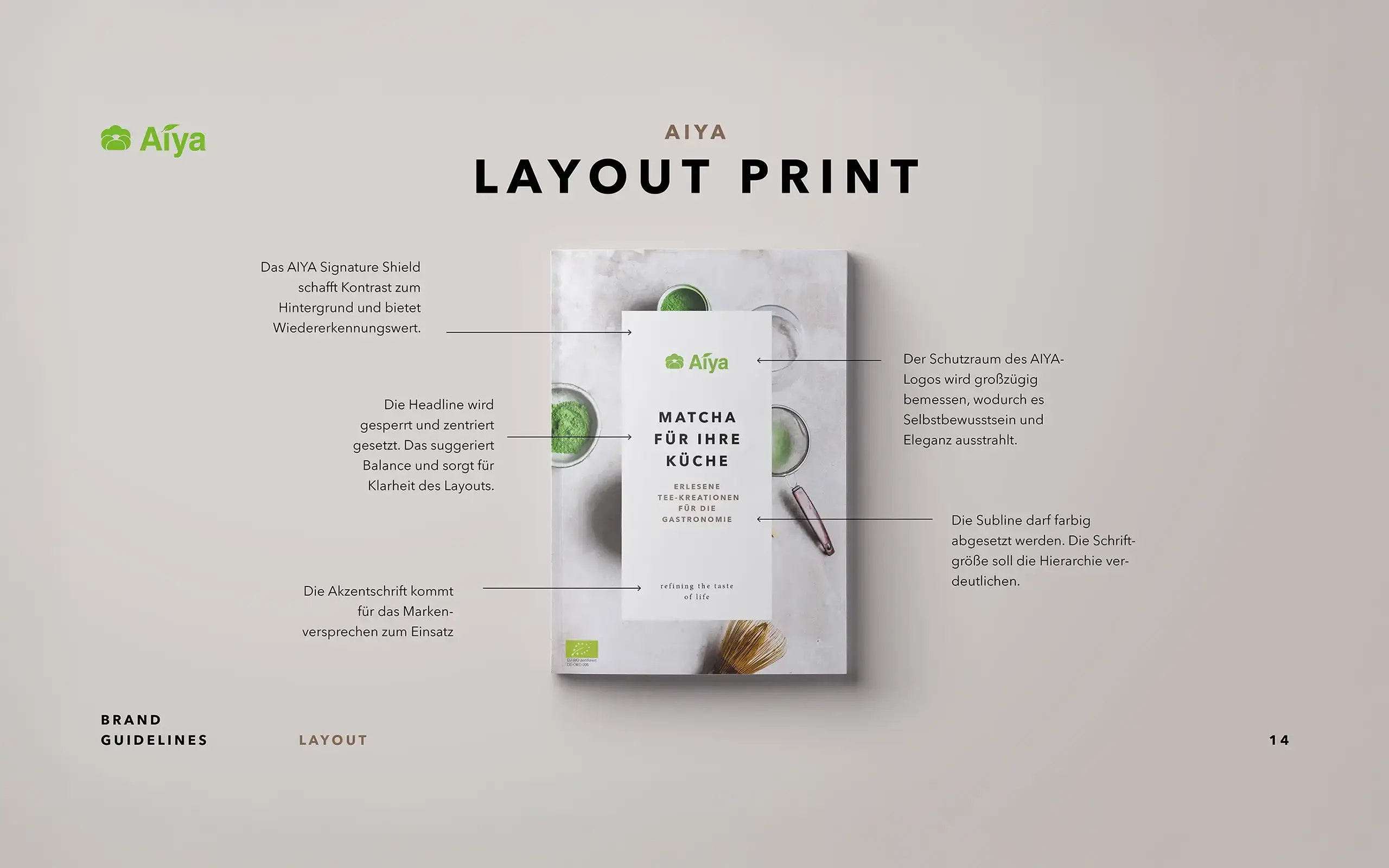 AIYA Matcha Corporate Design mit Printlayout, Logo-Schutzraum und typografischen Regeln