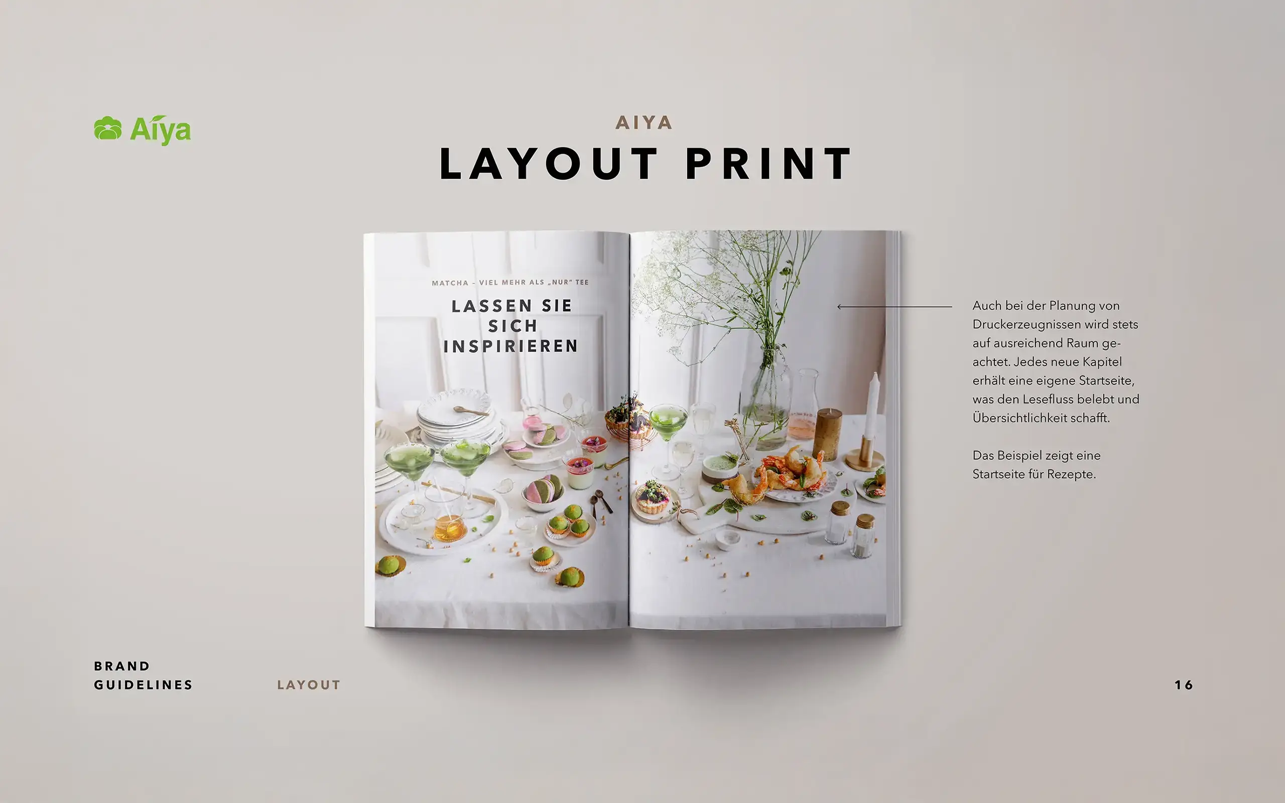 AIYA Matcha Corporate Design mit Rezept-Startseite und großzügigem Printlayout