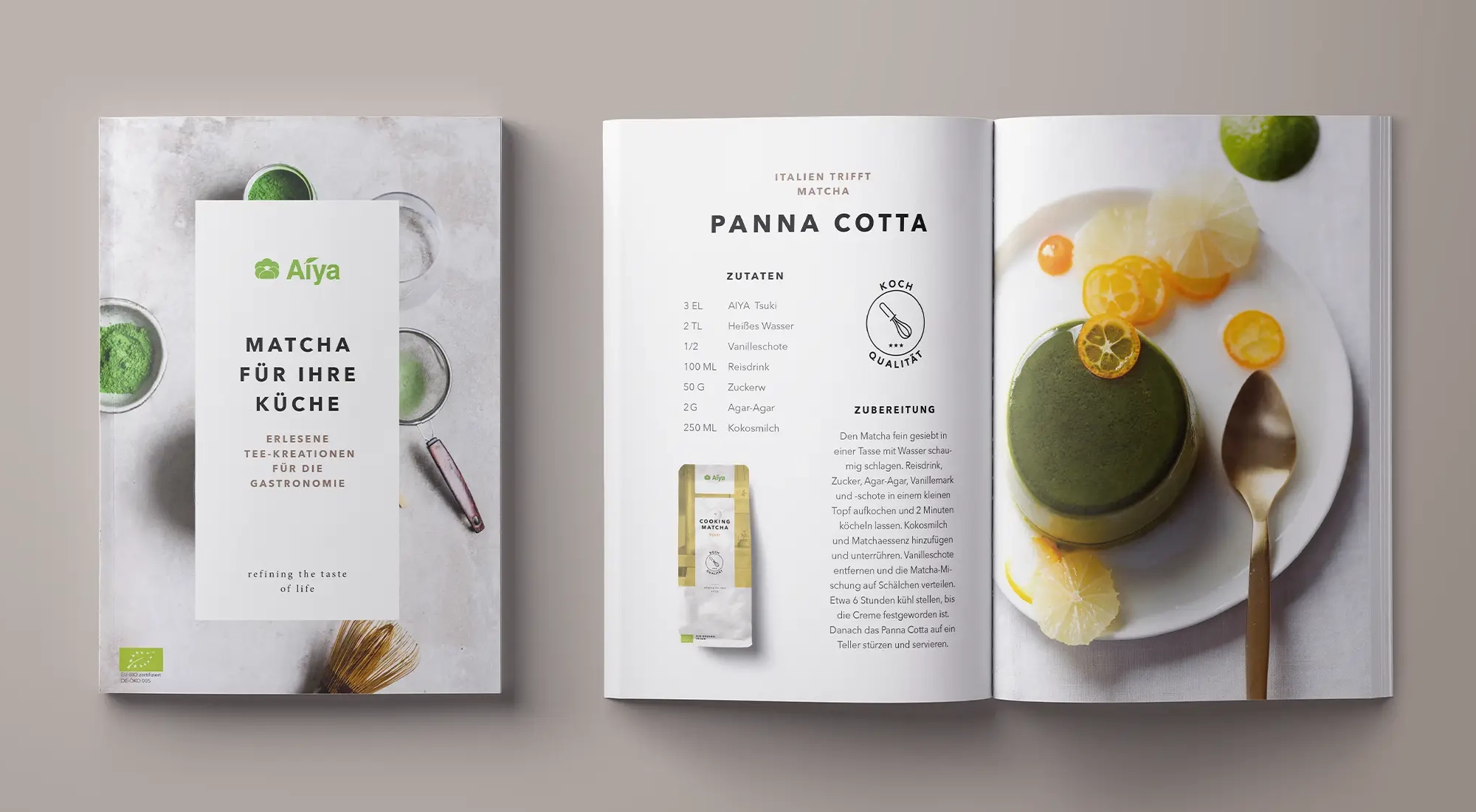 AIYA Matcha Kochbuch mit Panna Cotta Rezept und Matcha Dessert