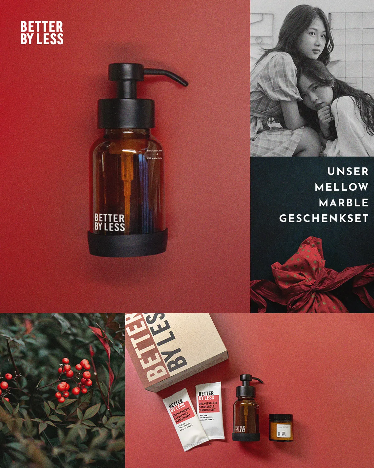 Better by Less Online Ads und Social Media mit Produktcollage, Geschenkset und Moodbildern