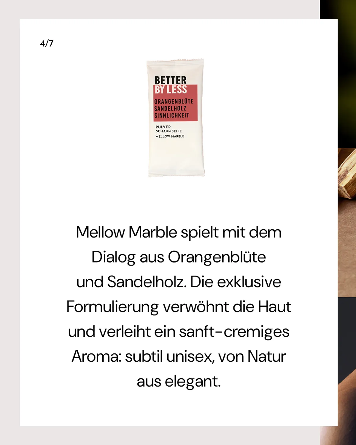 Better by Less Online Ads und Social Media mit Duftbeschreibung für Mellow Marble