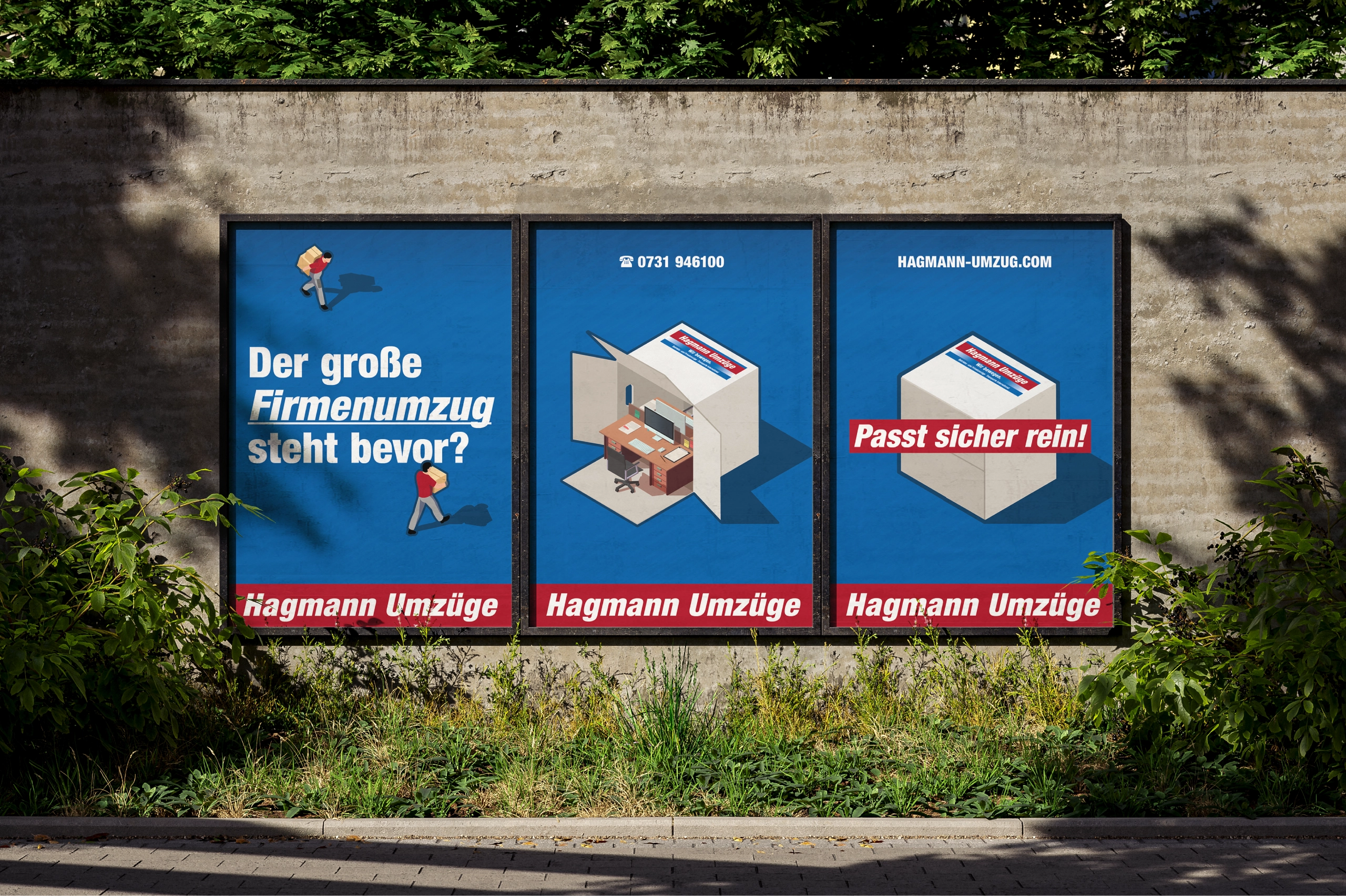Plakatserie der Hagmann Umzüge B2B-Kampagne mit Firmenumzug-Motiv und Claim „Passt sicher rein“
