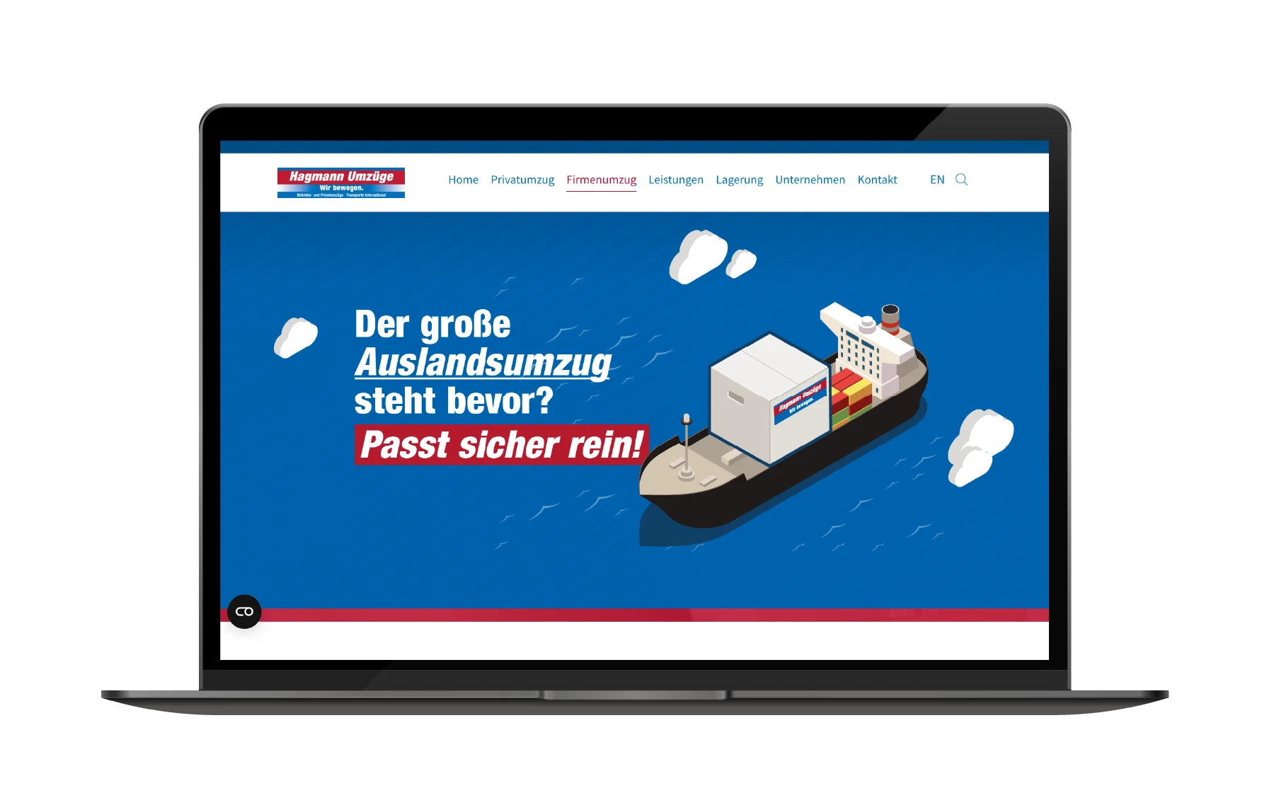 Hagmann Umzüge B2B-Kampagne mit Website-Motiv für Auslandsumzüge
