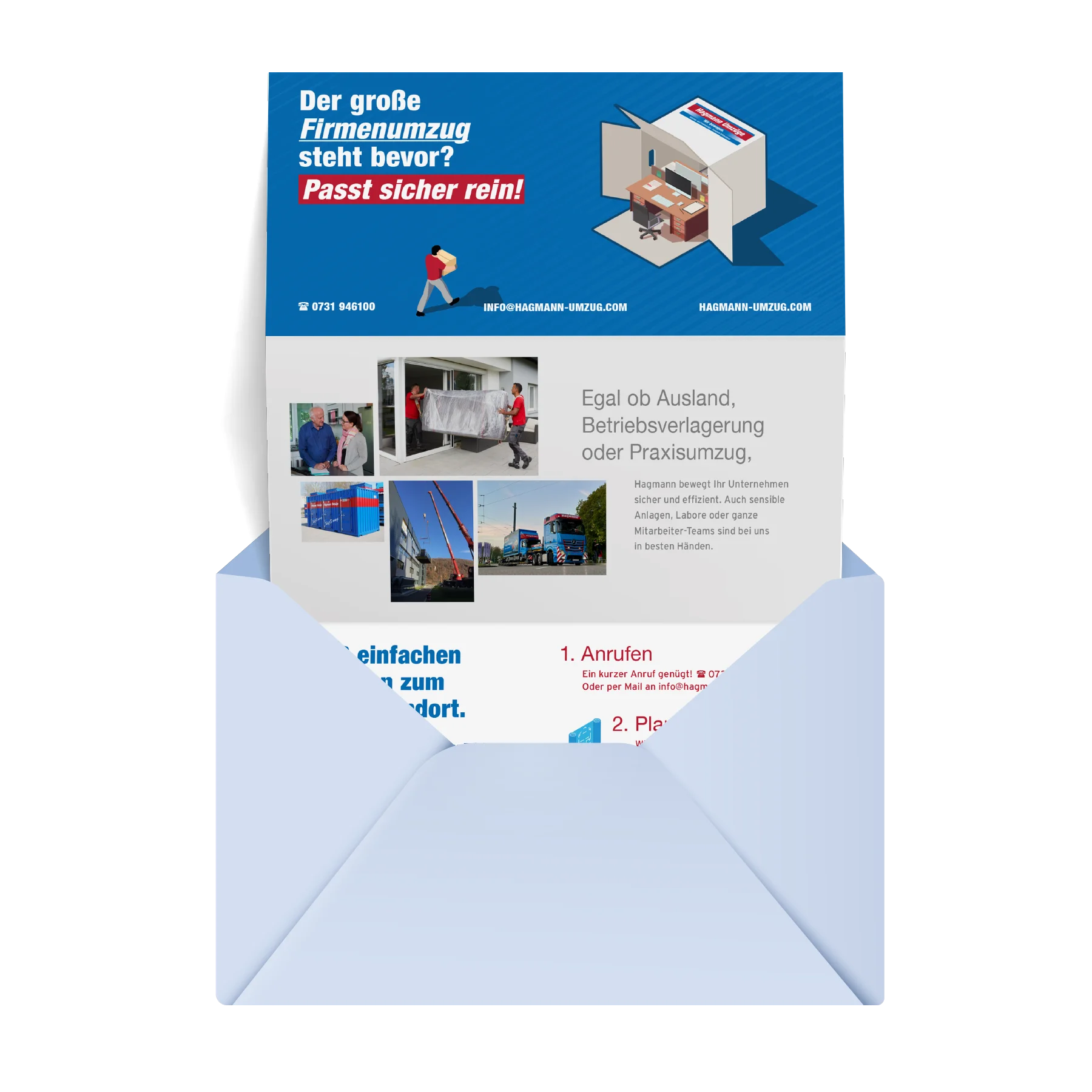Mailing der Hagmann Umzüge B2B-Kampagne mit Firmenumzug-Motiv