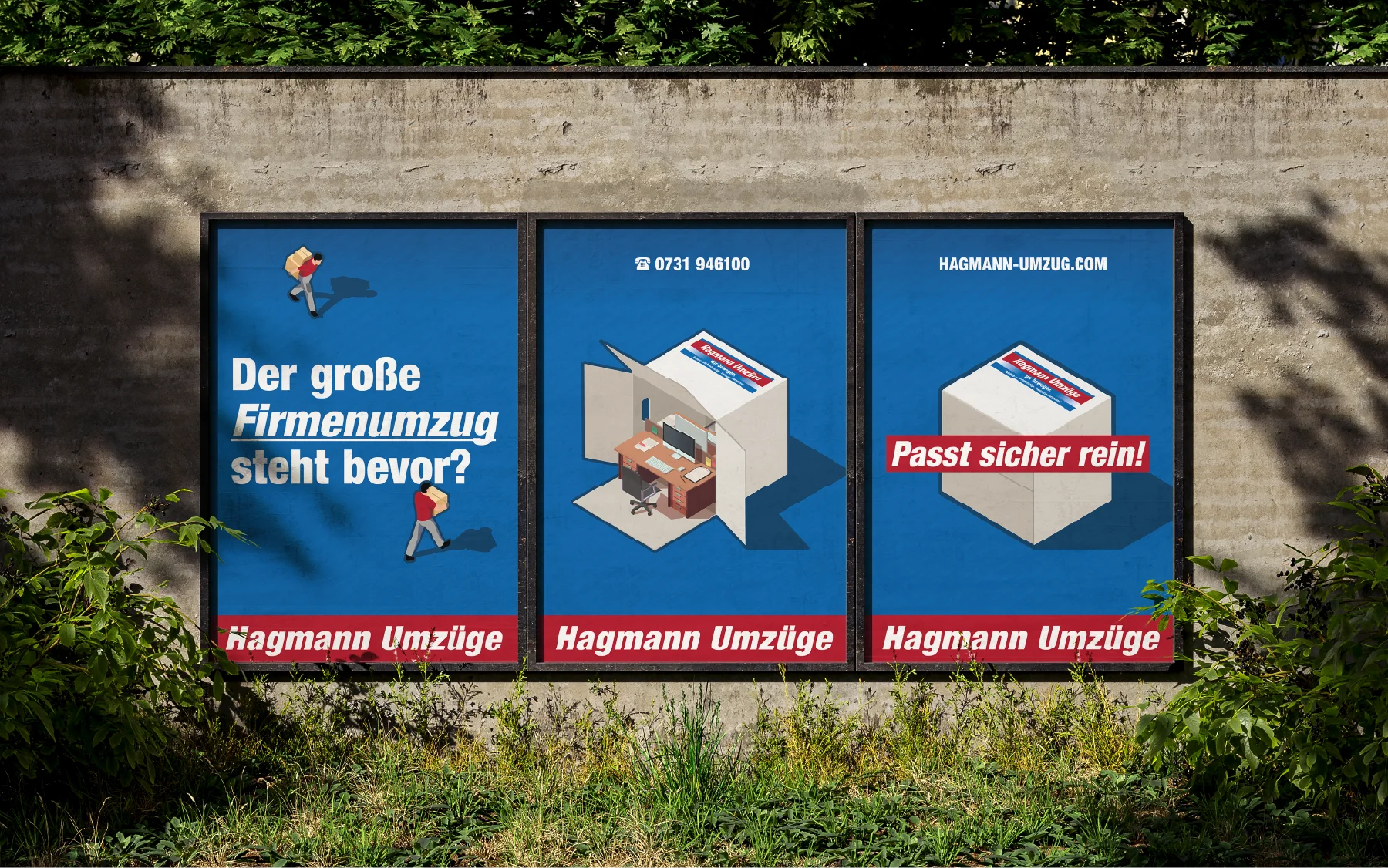 Plakatserie der Hagmann Umzüge B2B-Kampagne mit Firmenumzug-Motiv und Claim „Passt sicher rein“