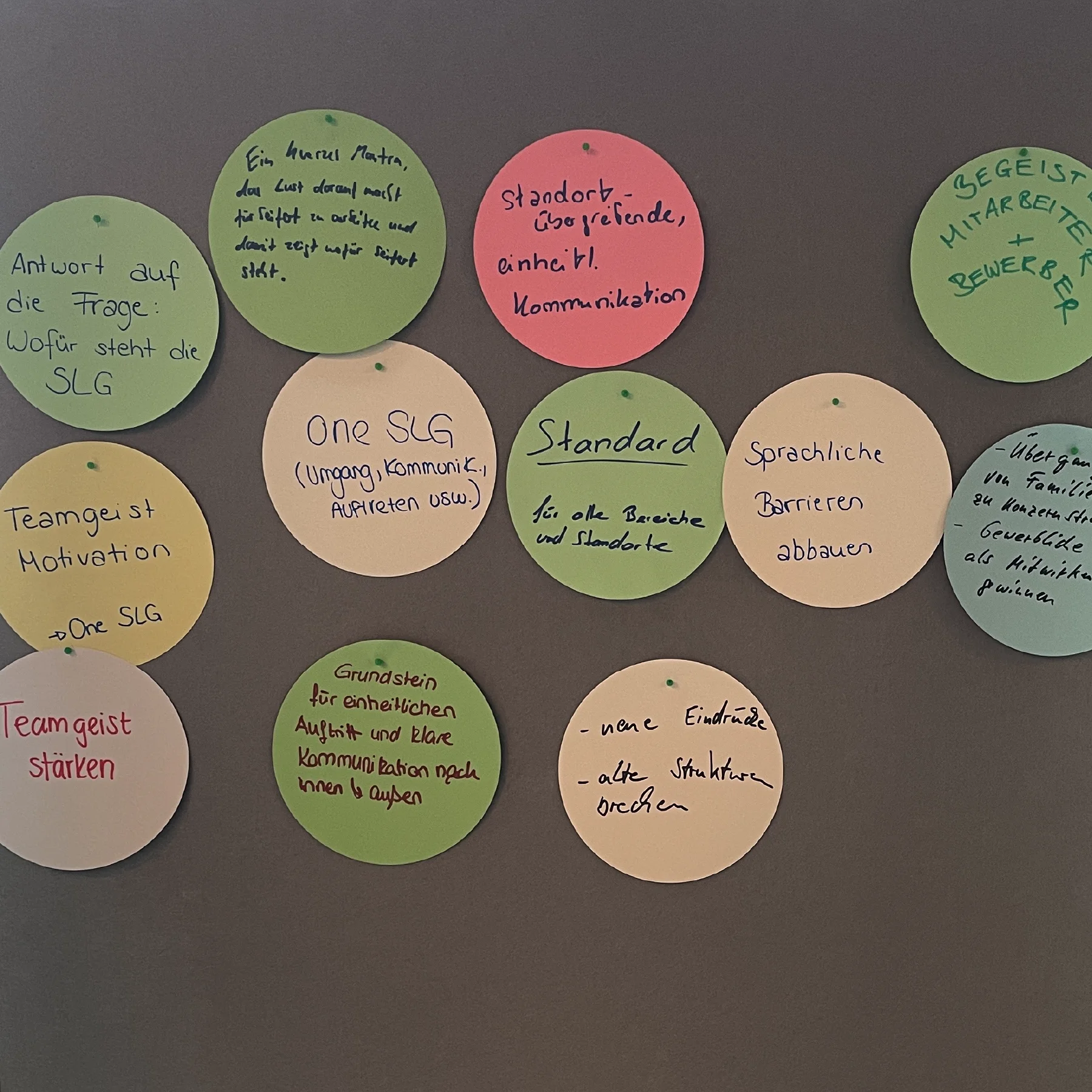 Workshop-Ergebnisse zum Seifert Logistics Employer Branding mit Karten zu Werten, Teamgeist und Kommunikation