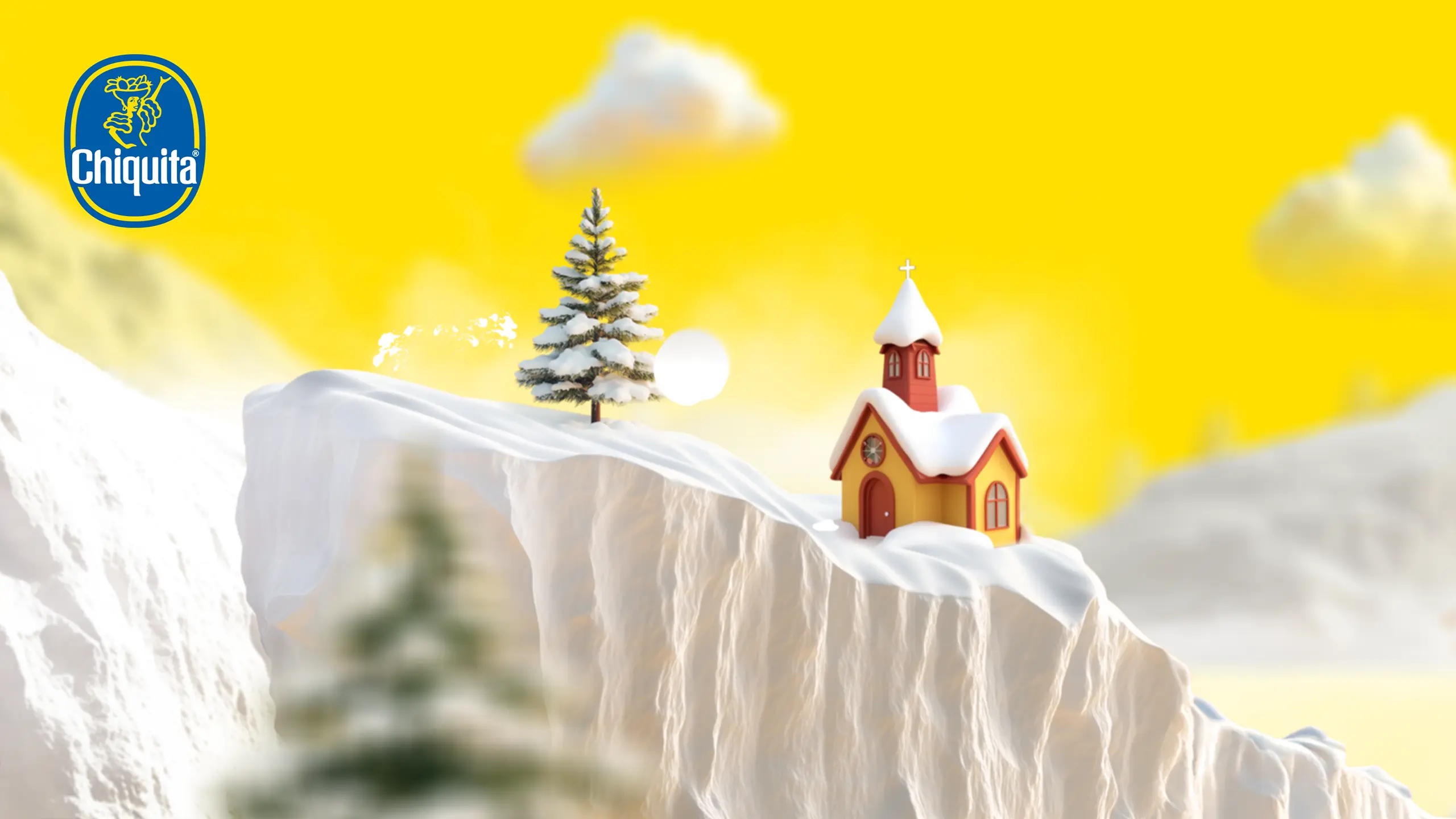 KI-generierte Winterlandschaft mit verschneiter Kirche aus dem Chiquita Weihnachtsfilm