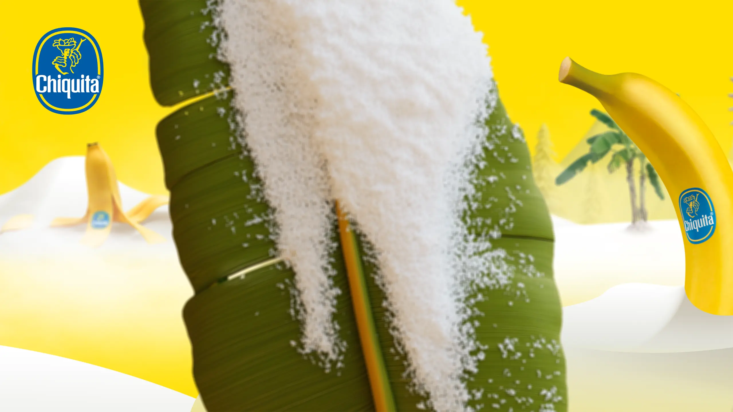 KI-generierte Chiquita Winterwelt mit Banane und verschneitem Bananenblatt