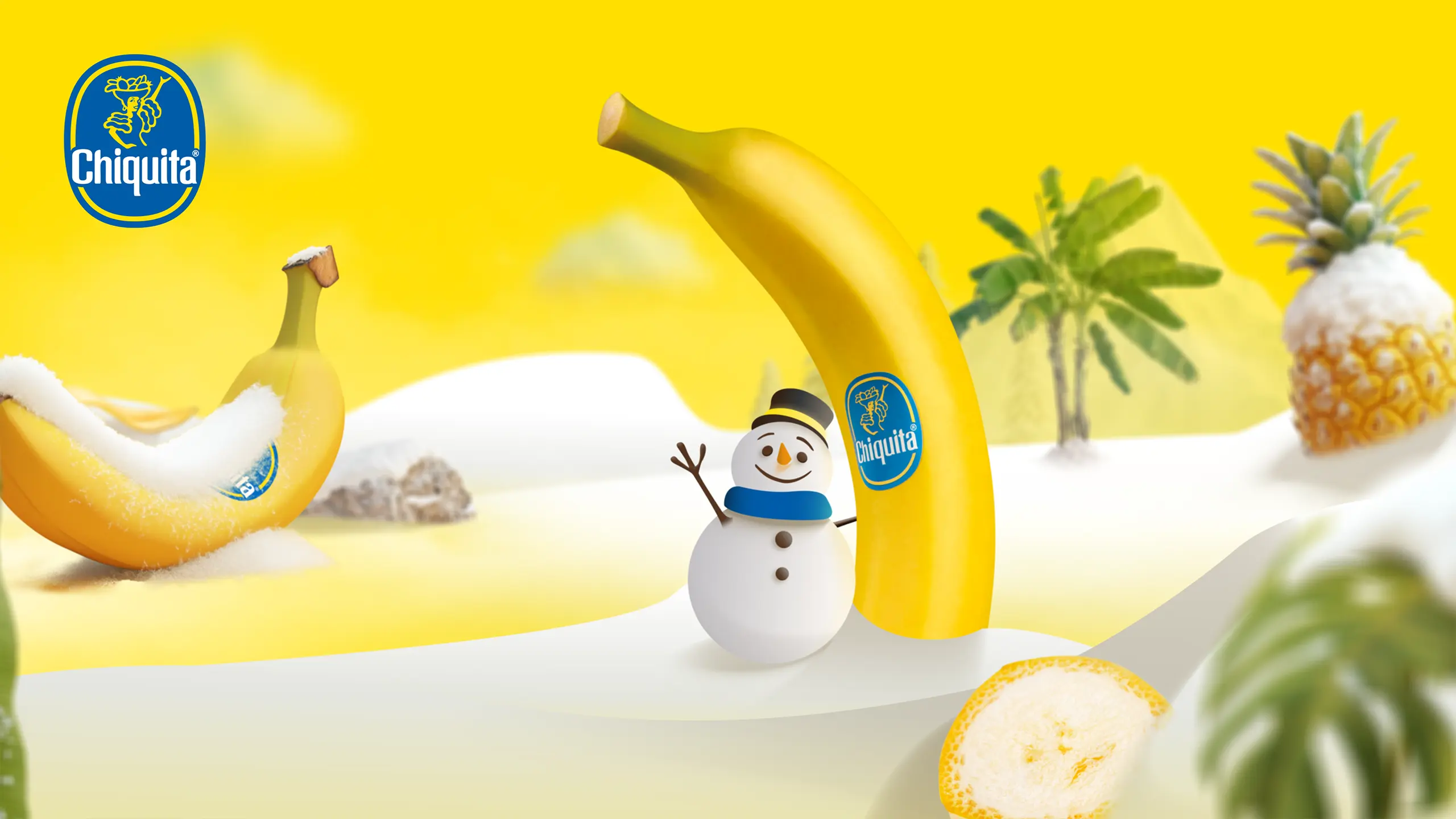 Chiquita Weihnachtsfilm mit Banane, Schneemann und winterlicher Markenwelt